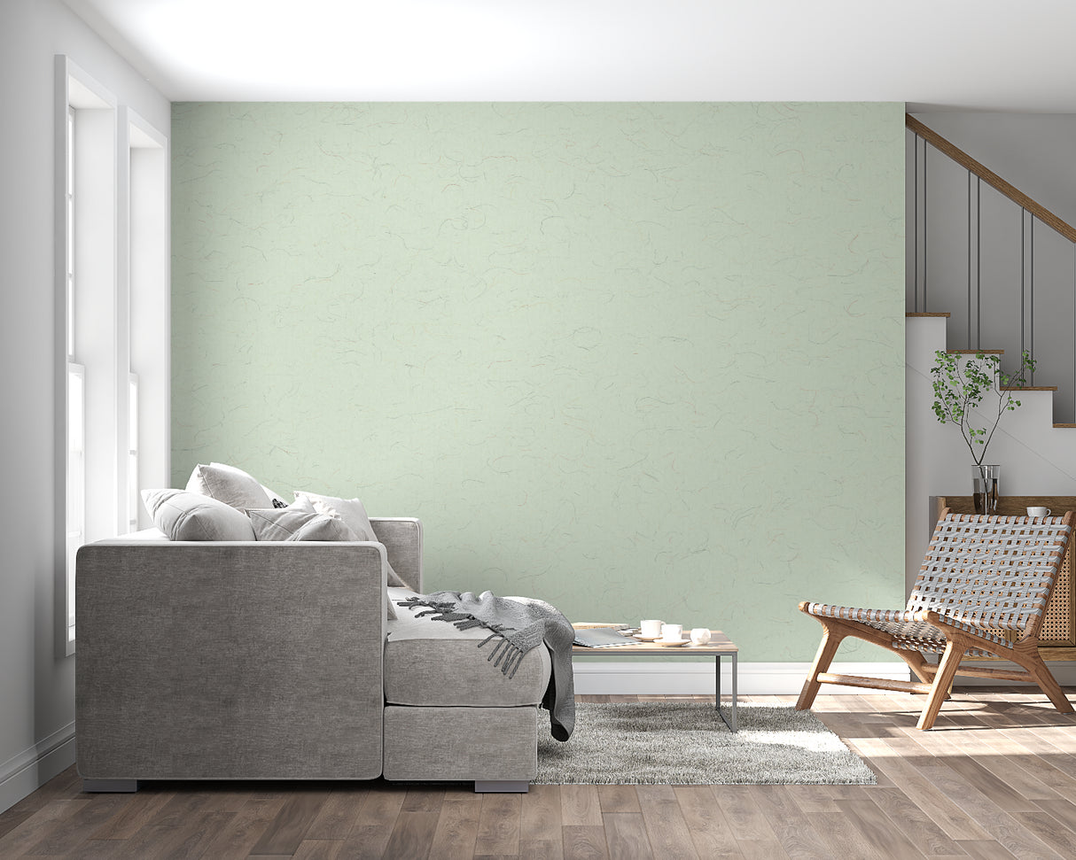 Sage green wall mural application in a contemporary hallway setting