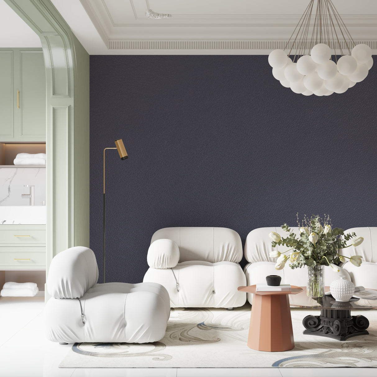 Modern grey wallpaper creating a sophisticated living room with leather sofa and minimalist decor