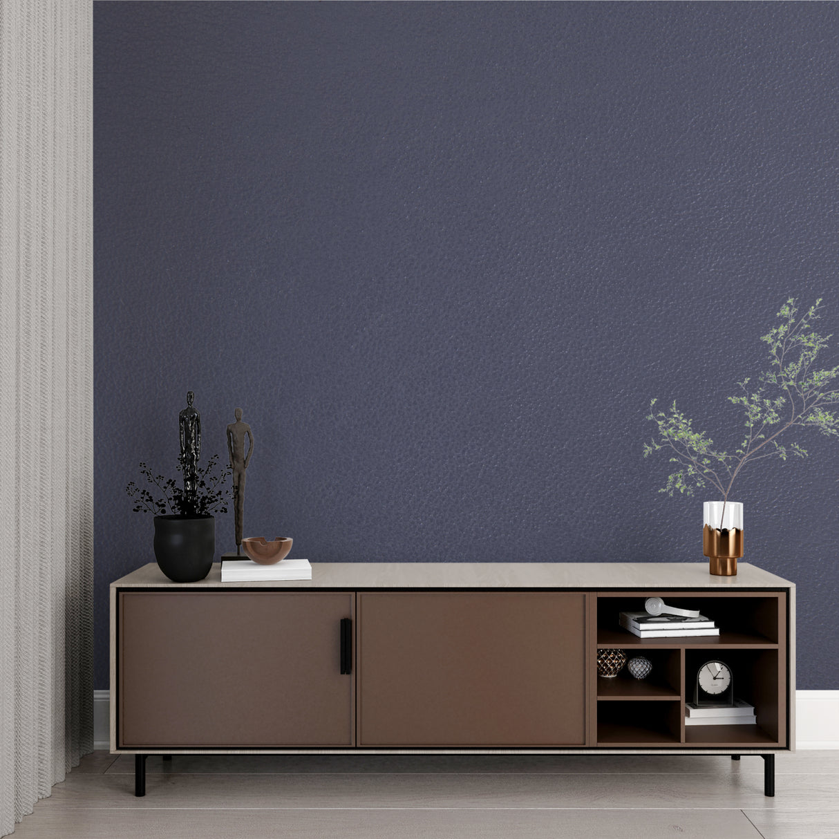 Grey mural wallpaper in a modern home office with natural lighting