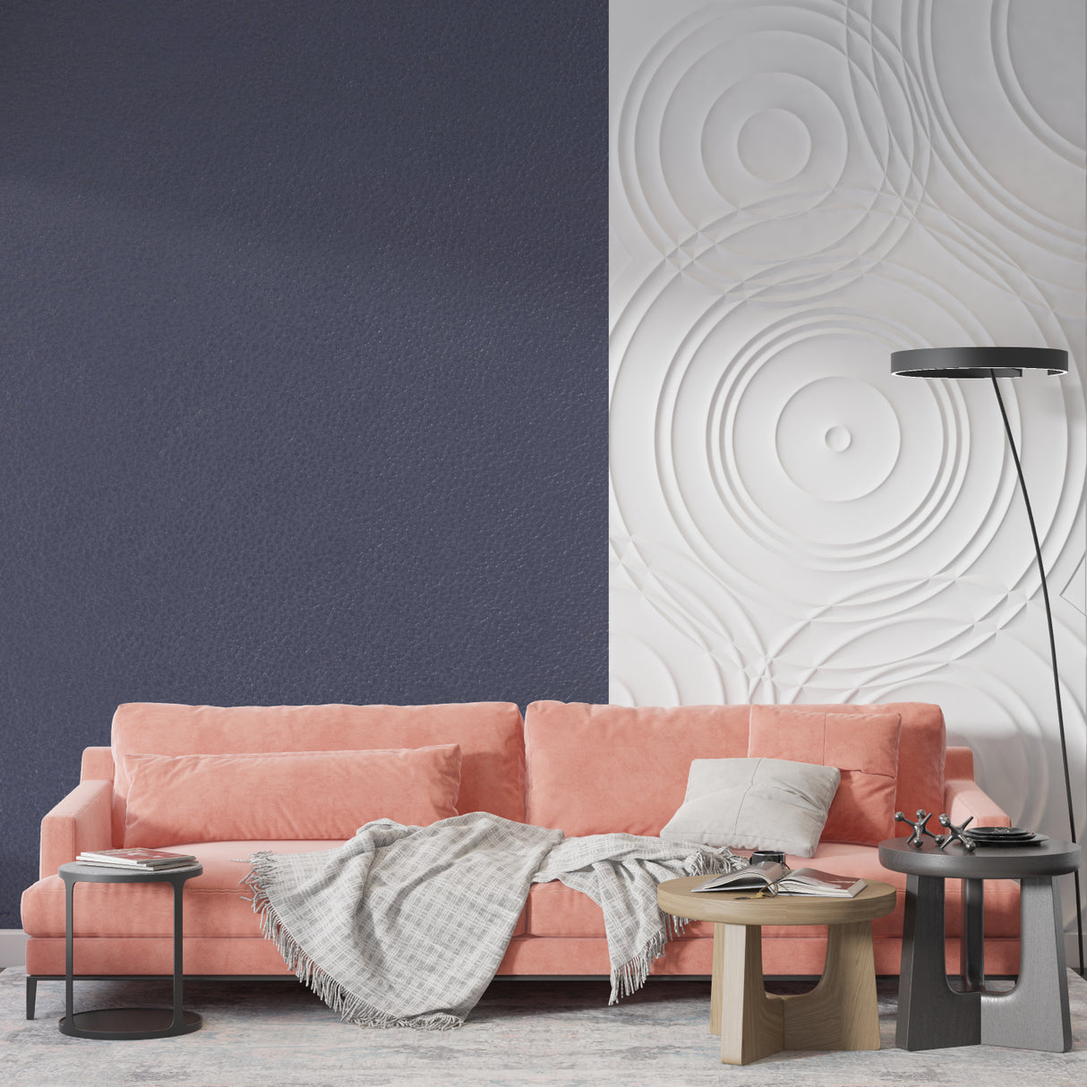 Modern grey wallpaper installation in a dining room with pendant lights