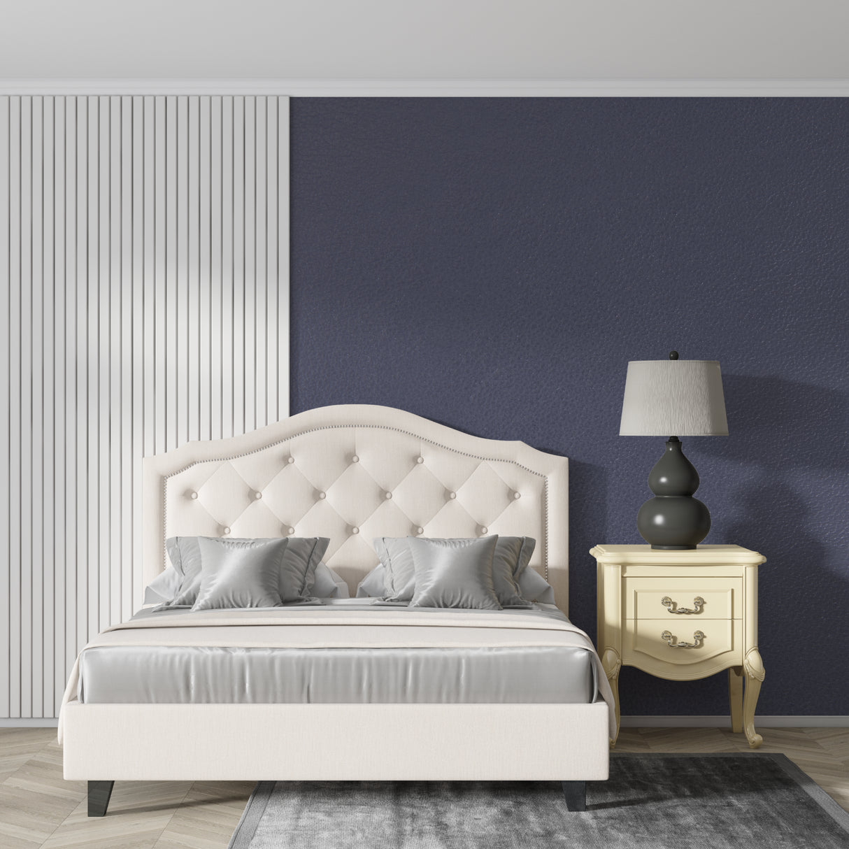 Minimalist grey mural enhancing an entryway with modern furniture