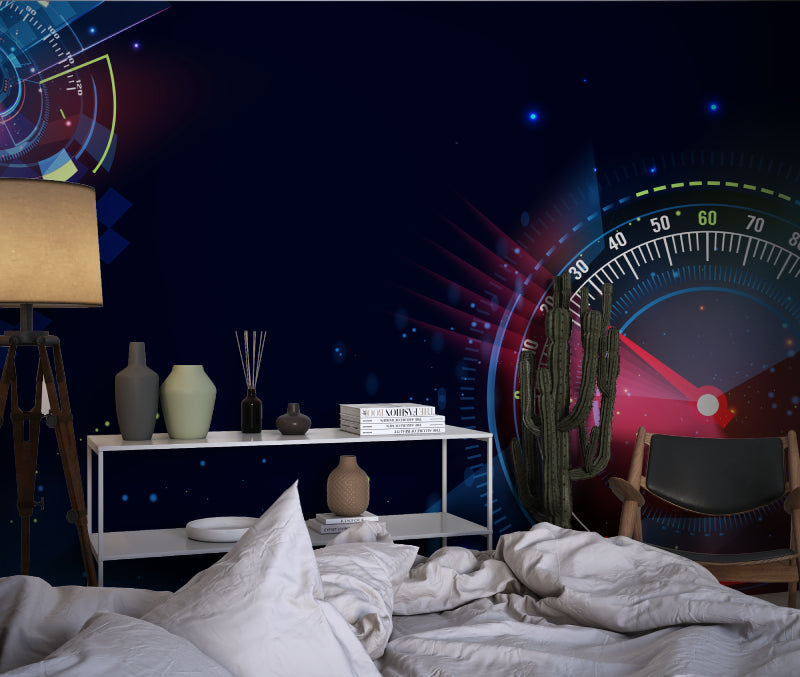 Modern Speedometer wallpaper in a teen gaming room with LED ambient lighting
