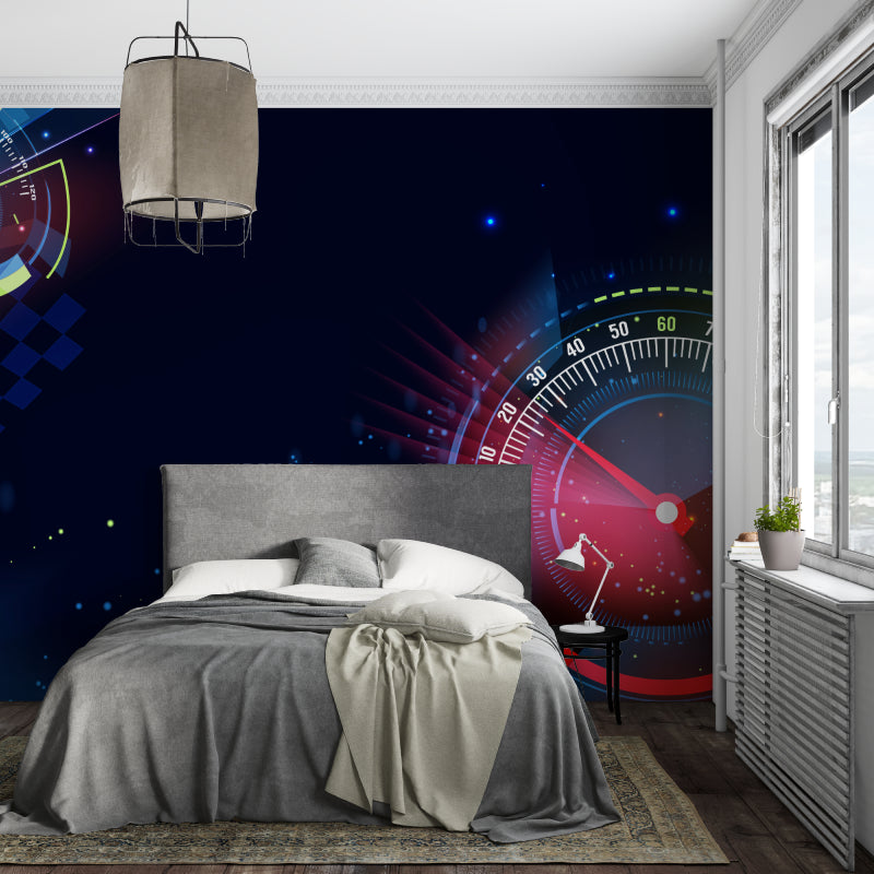 Racing dashboard mural in a modern home office showing glowing night effect