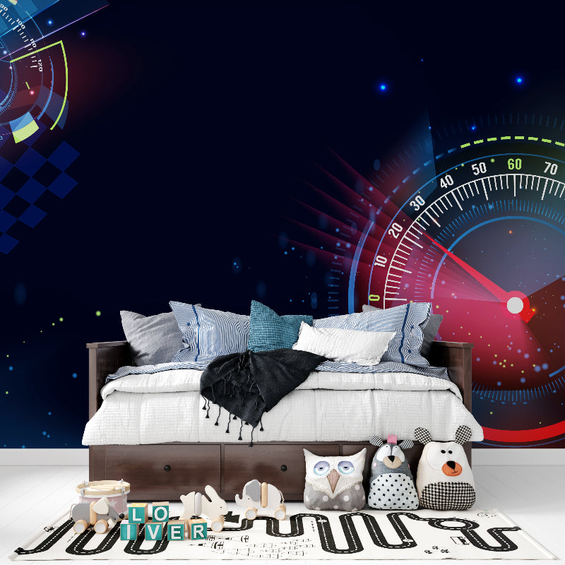 Modern dashboard mural in entertainment room with ambient lighting