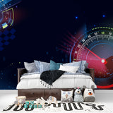 Modern dashboard mural in entertainment room with ambient lighting