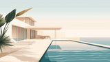 Modern villa design file showing minimalist beach house with pool against coastal backdrop