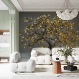 Money Tree Wallpaper bringing luxury to a modern home office with gold coin details
