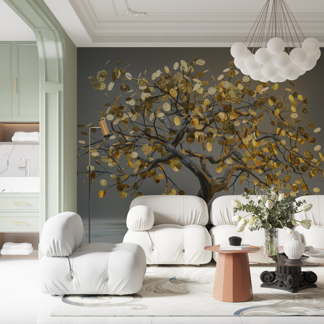 Money Tree Wallpaper bringing luxury to a modern home office with gold coin details