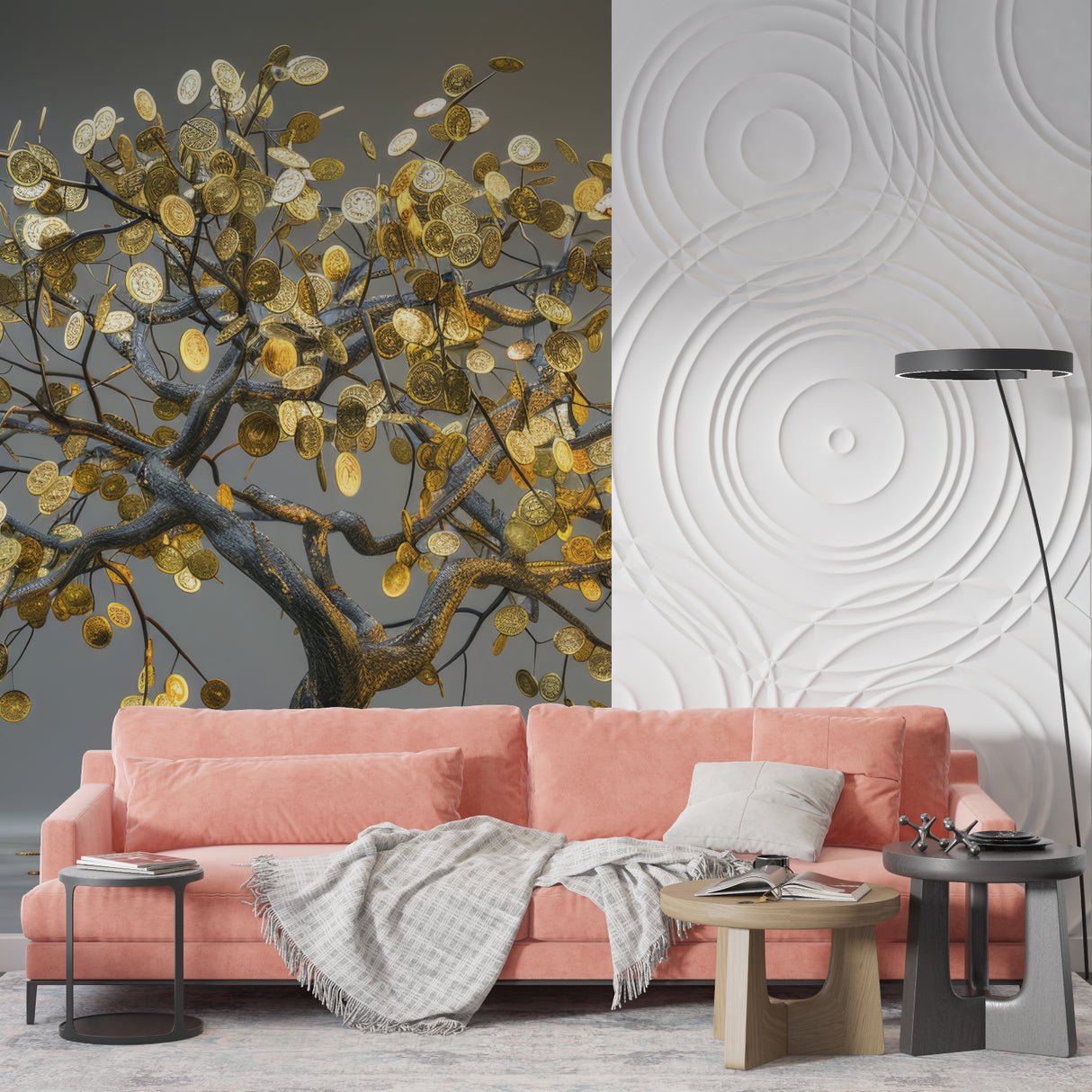 Gold Tree Mural creating wealth vibes in an elegant dining room