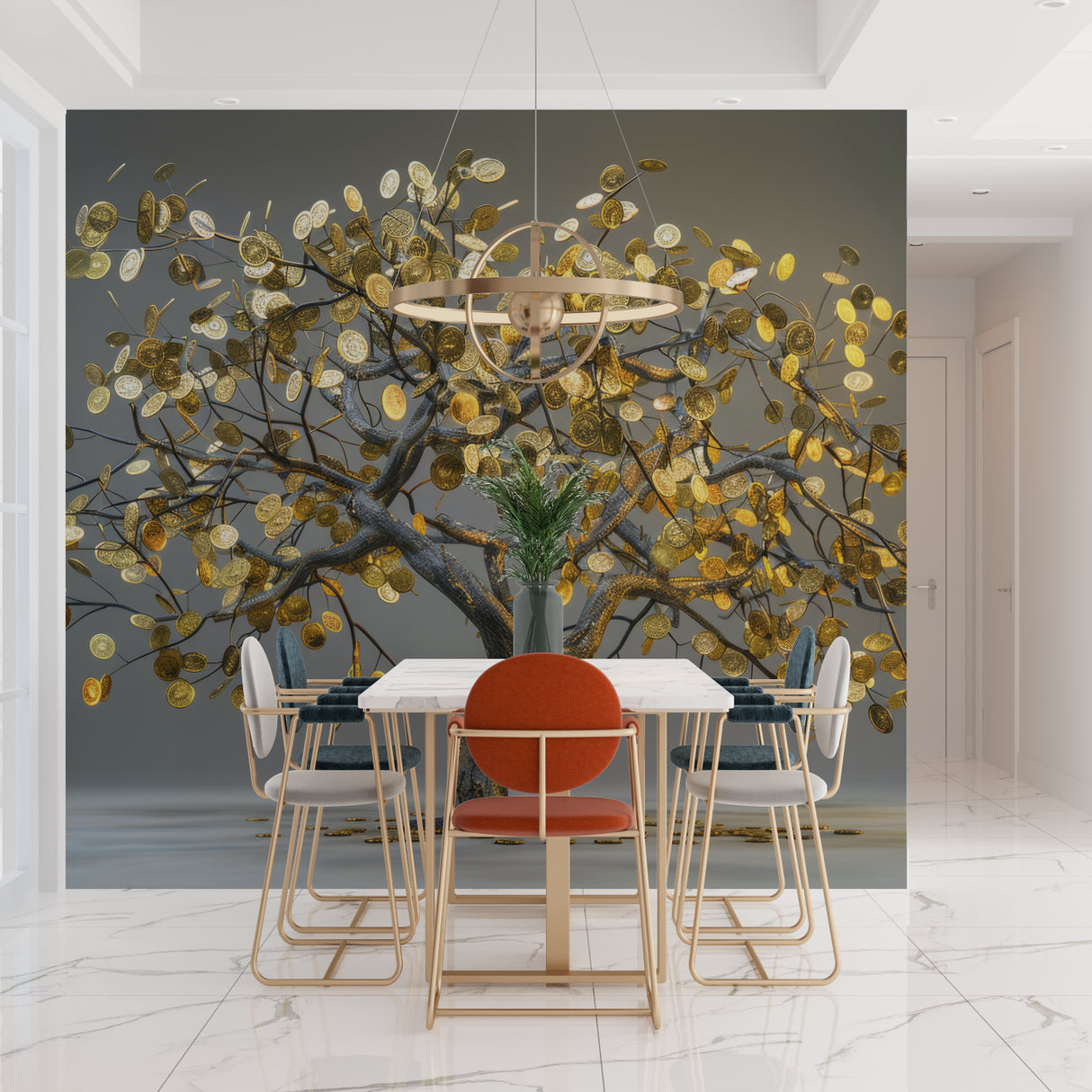 Metallic Tree Wallpaper adding sophistication to a luxury living room
