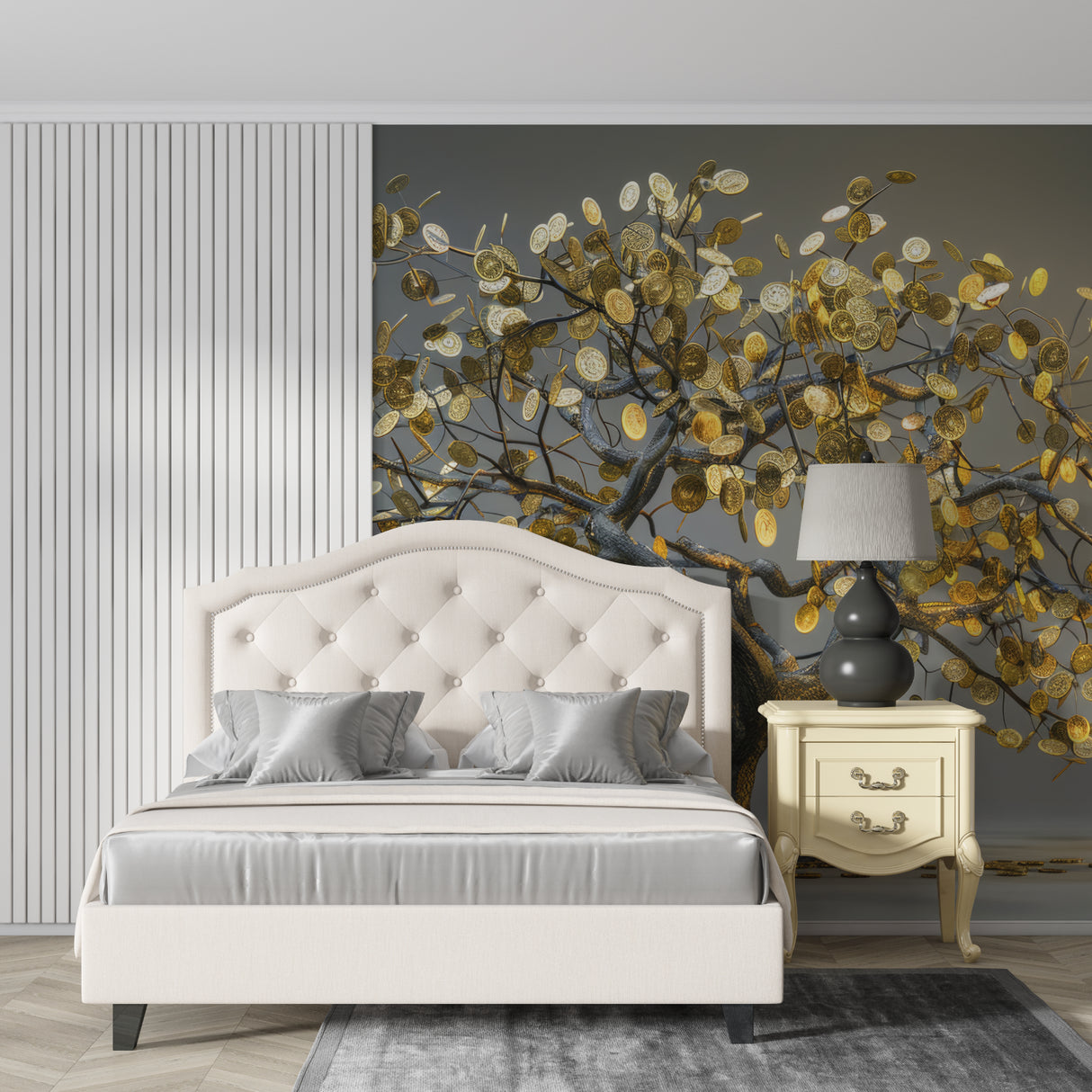 Gold Coin Tree design enhancing an upscale master bedroom