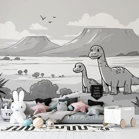 Black and white dinosaur mural wallpaper styled in modern kids bedroom with minimalist furniture and natural light