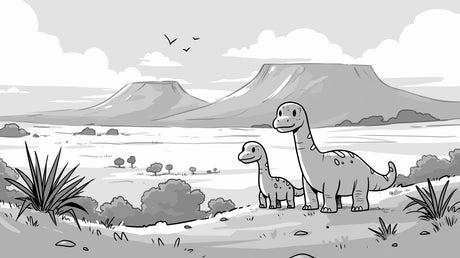 Monochrome dinosaur wallpaper design file showing gentle brontosaurus figures in mountain landscape