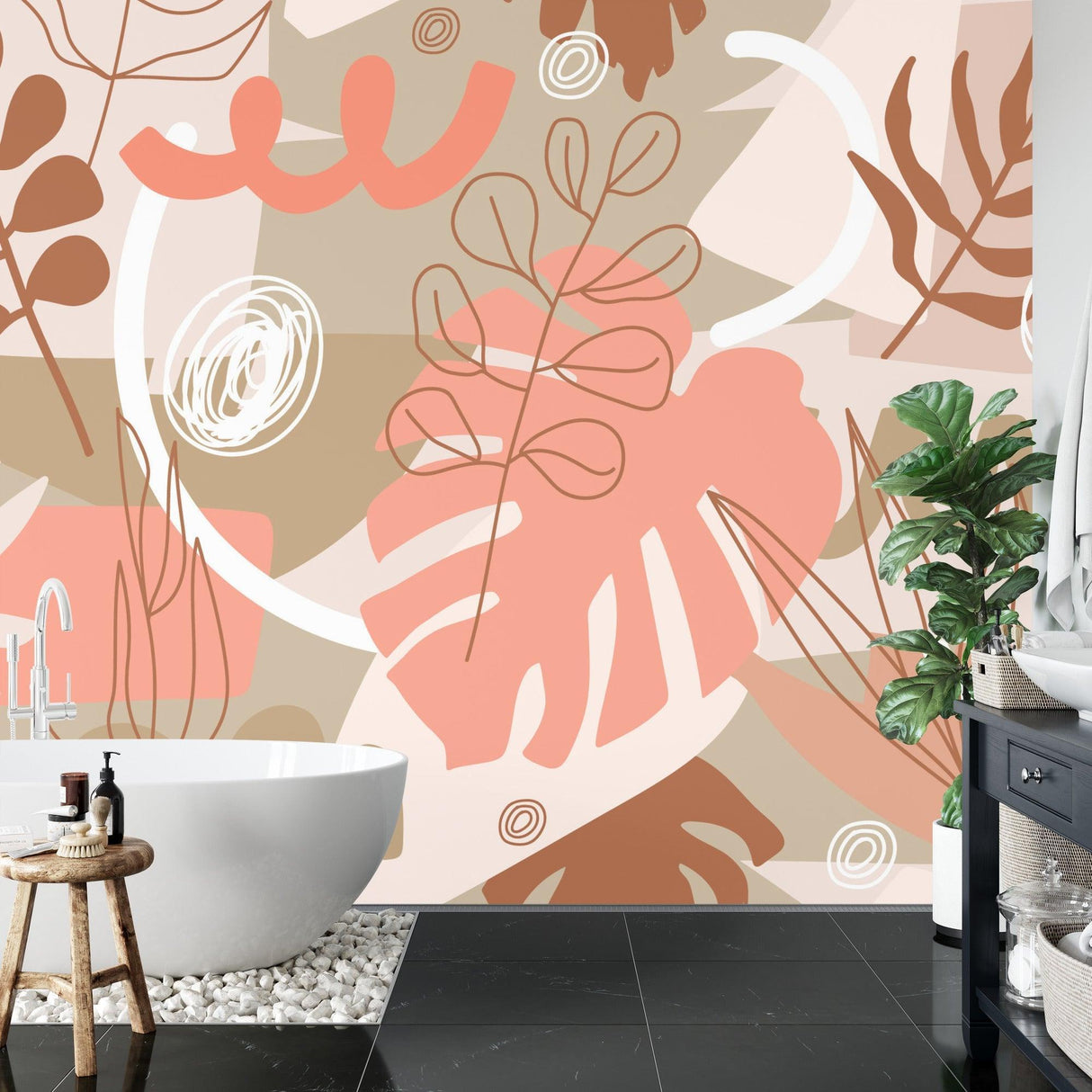 Dining room showcasing abstract botanical wallpaper with Monstera leaves in coral and beige