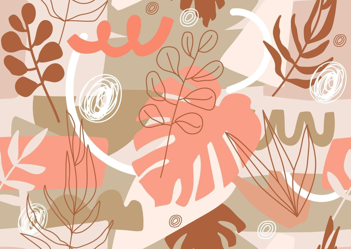 Monstera leaf wallpaper design file showing detailed coral and beige botanical pattern