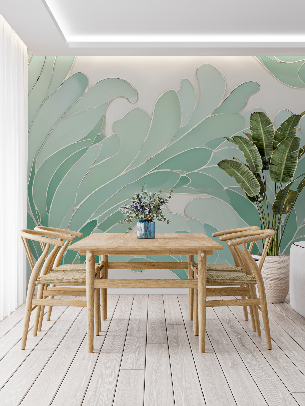 Home office featuring mint green Monstera leaf mural creating a fresh workspace atmosphere