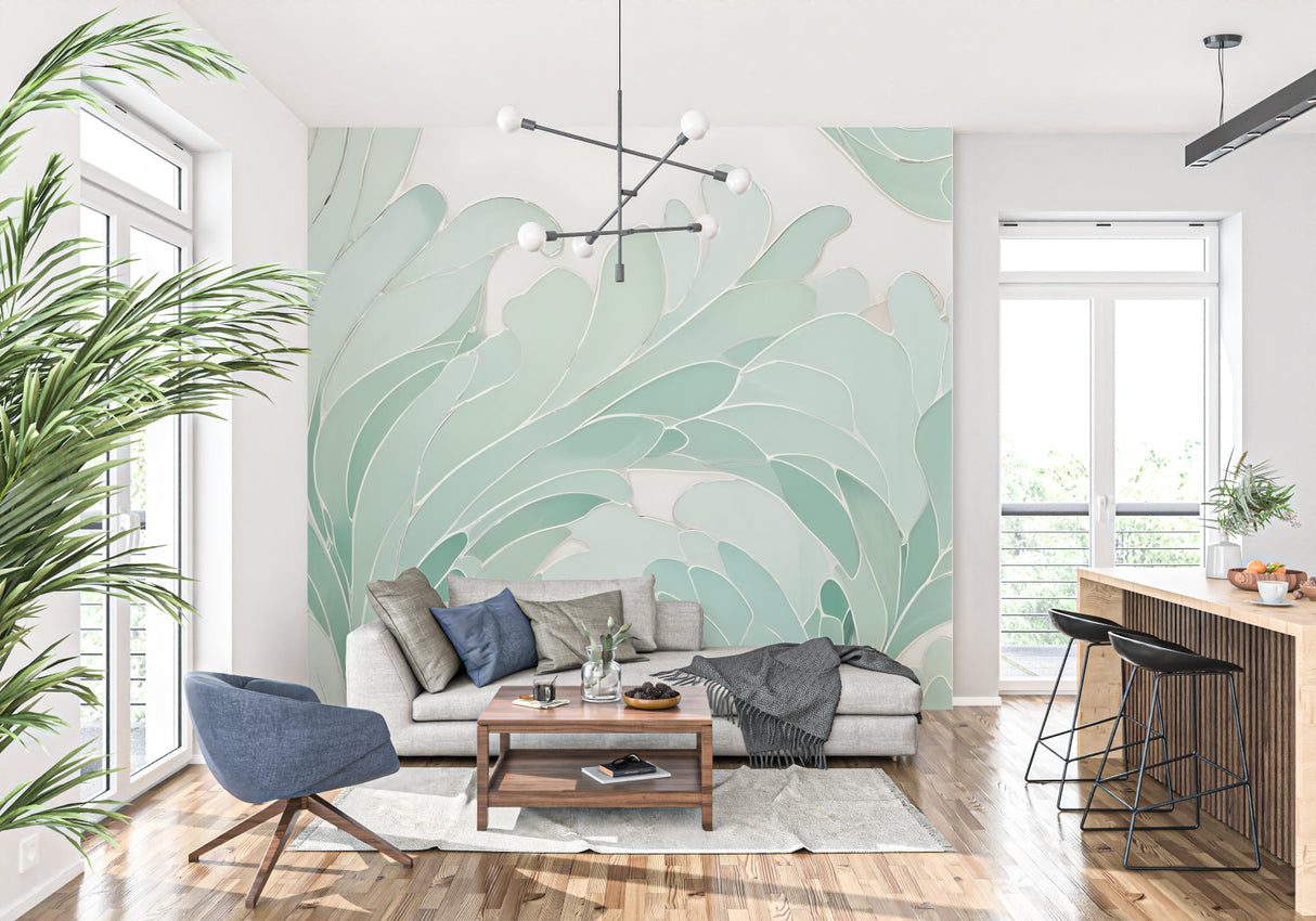 Bedroom with abstract Monstera wallpaper showcasing soft mint green tones and organic shapes
