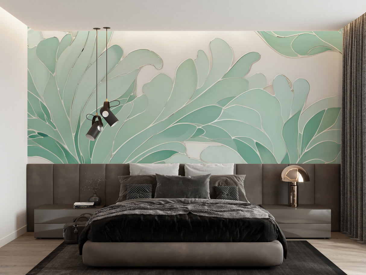 Dining room wall with mint green Monstera leaf pattern adding natural elegance