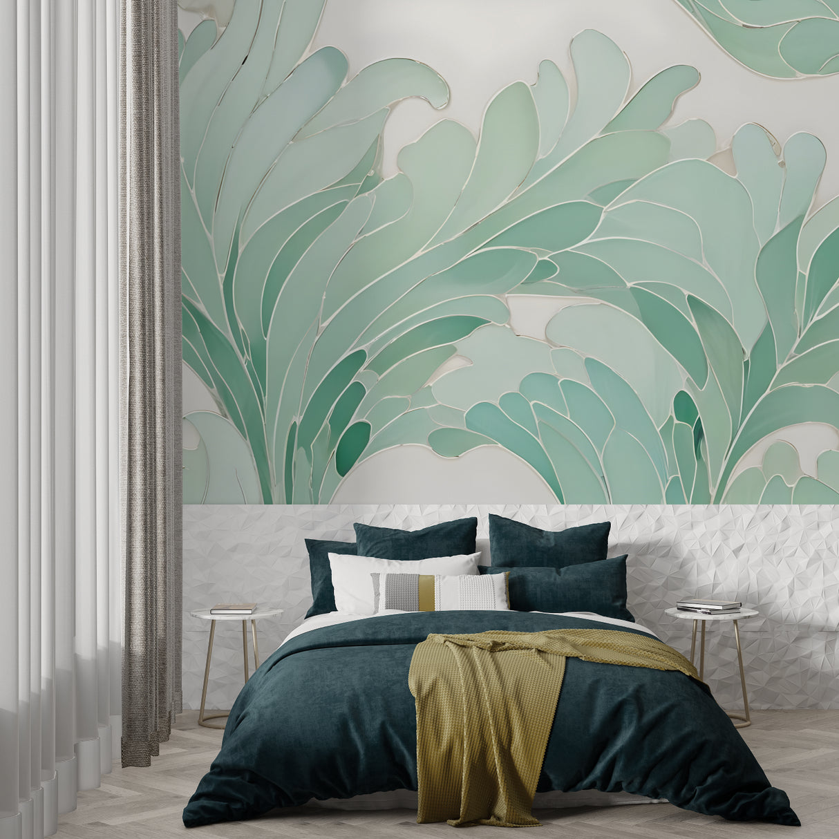 Entryway decorated with abstract Monstera wall mural in calming mint green