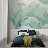 Entryway decorated with abstract Monstera wall mural in calming mint green