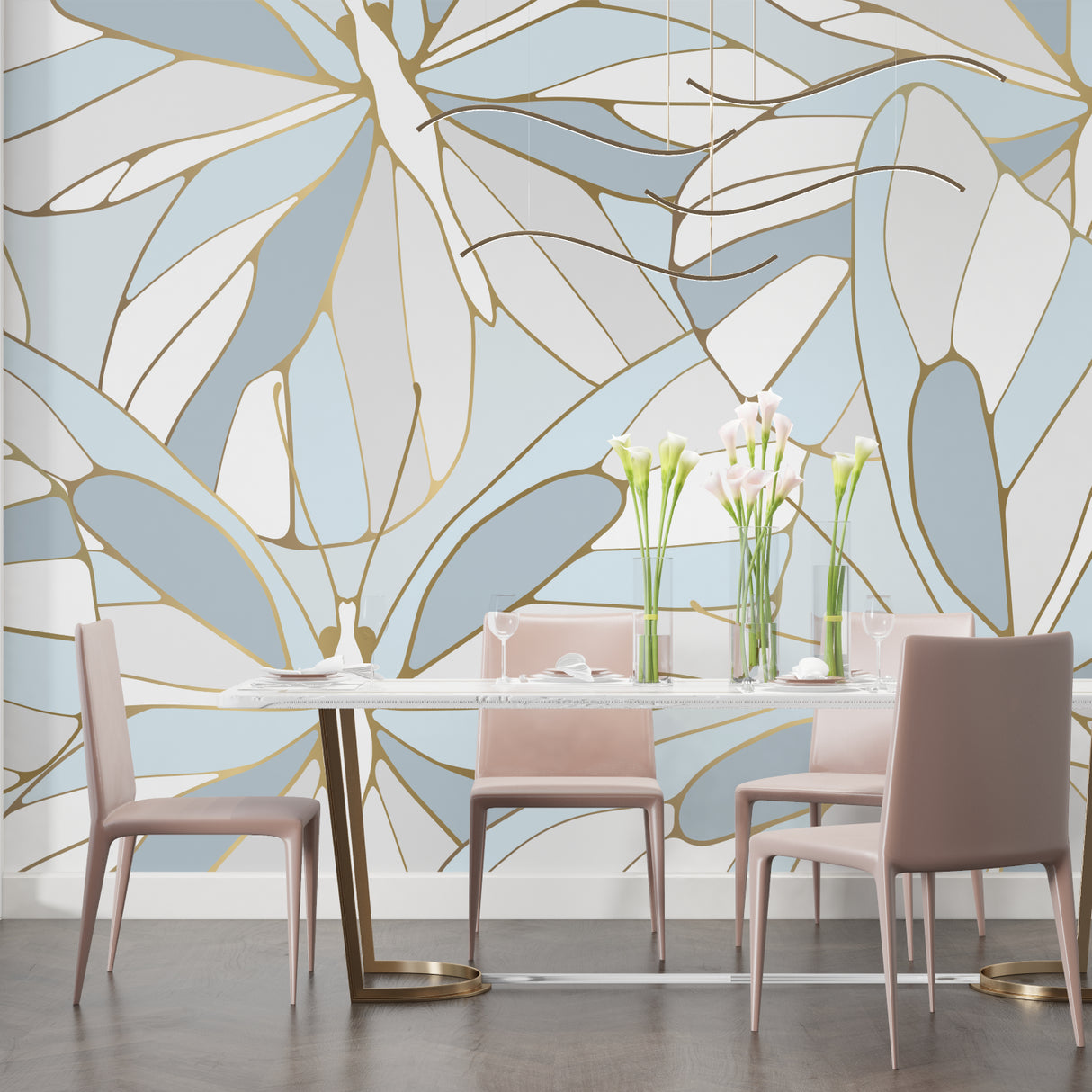 Modern living room with blue and gold Monstera leaf wallpaper creating an elegant atmosphere