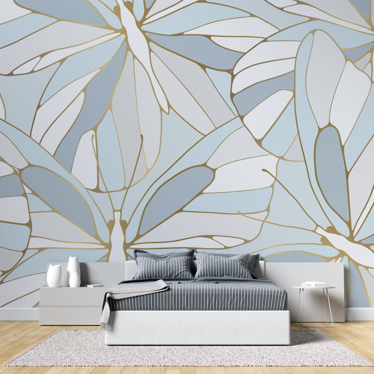 Master bedroom featuring art deco Monstera wallpaper with soft blue and metallic gold accents