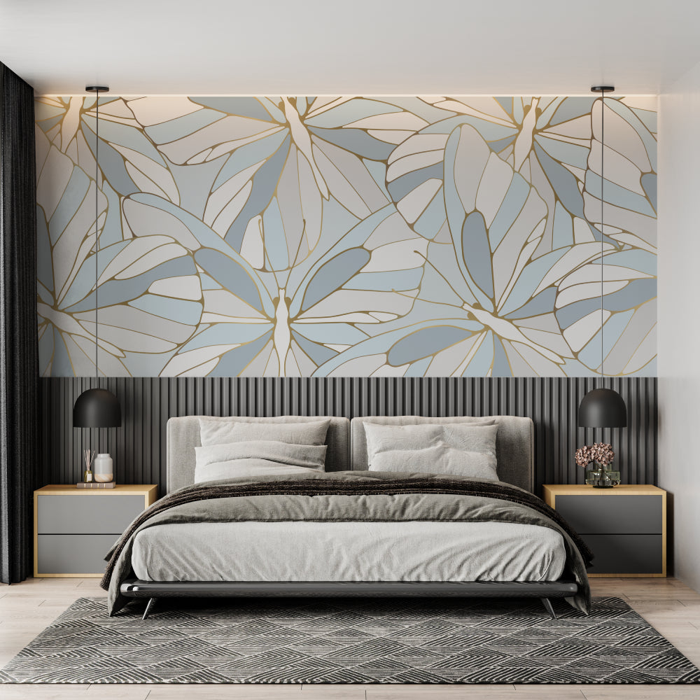 Dining room showcasing geometric Monstera leaf pattern in powder blue and gold