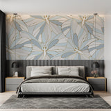 Dining room showcasing geometric Monstera leaf pattern in powder blue and gold