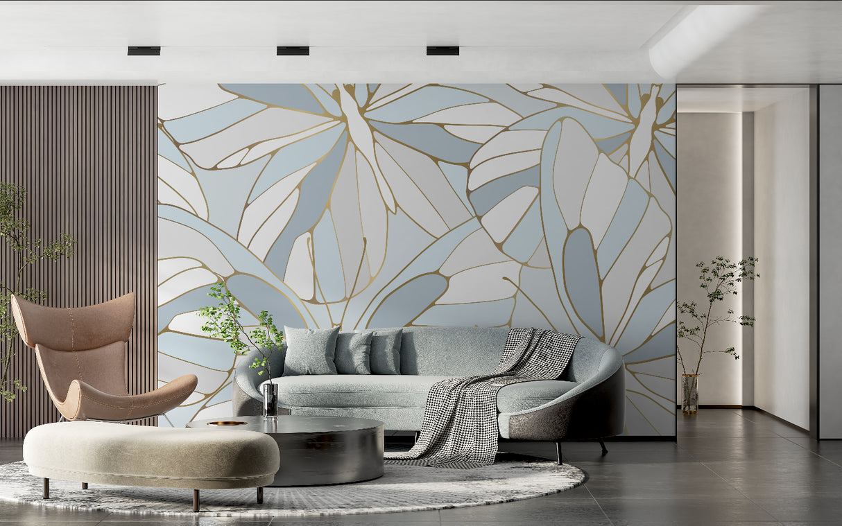 Entryway with art deco inspired Monstera leaf mural in blue and metallic gold