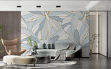 Entryway with art deco inspired Monstera leaf mural in blue and metallic gold