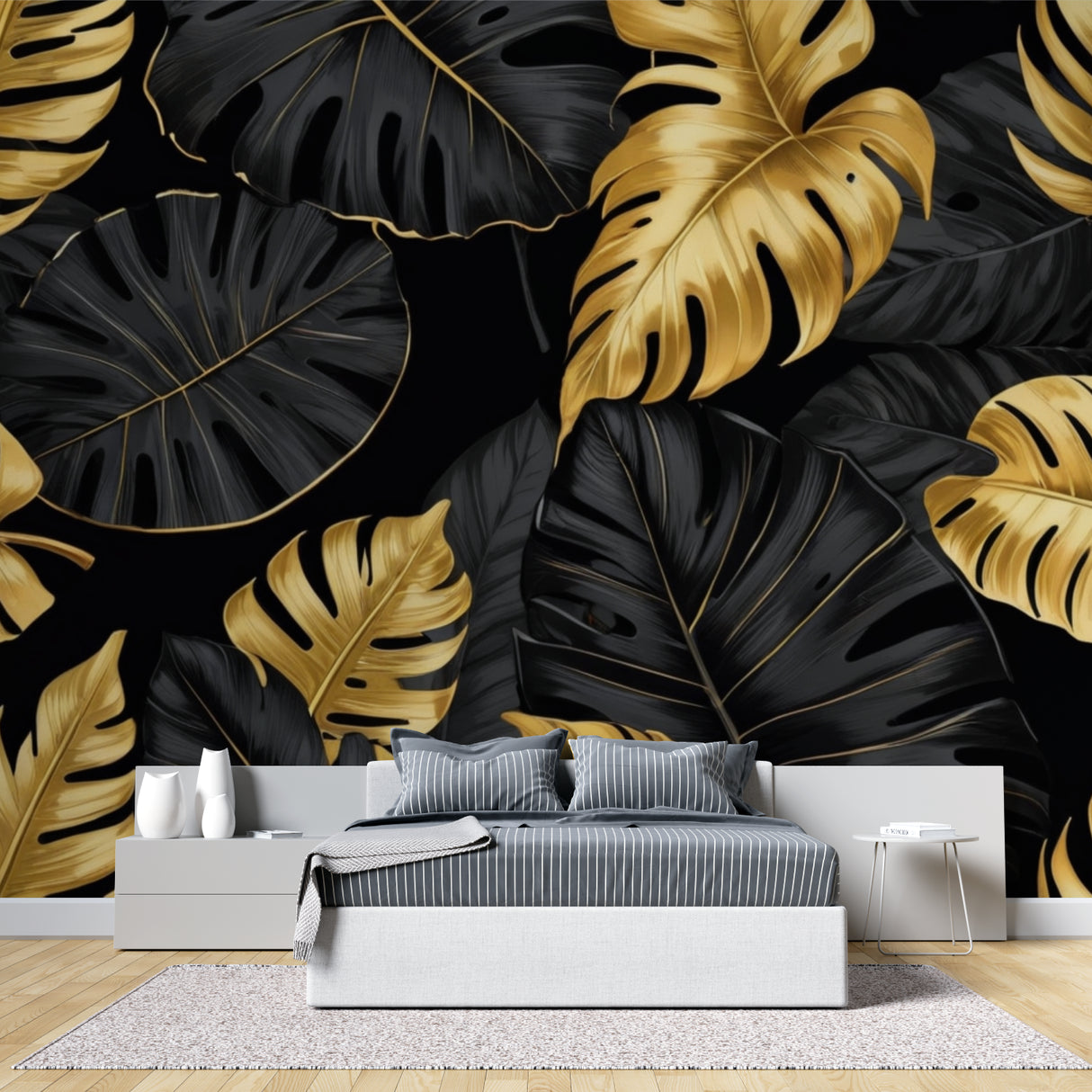 Black and gold tropical wallpaper making a statement in an elegant dining room setting