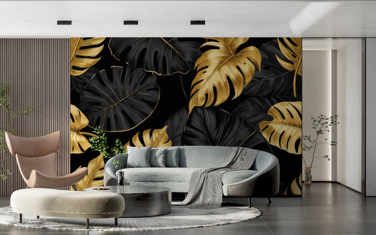 Luxury monstera leaf mural adding depth to a master bedroom with gold accents