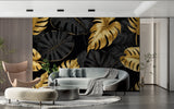 Luxury monstera leaf mural adding depth to a master bedroom with gold accents