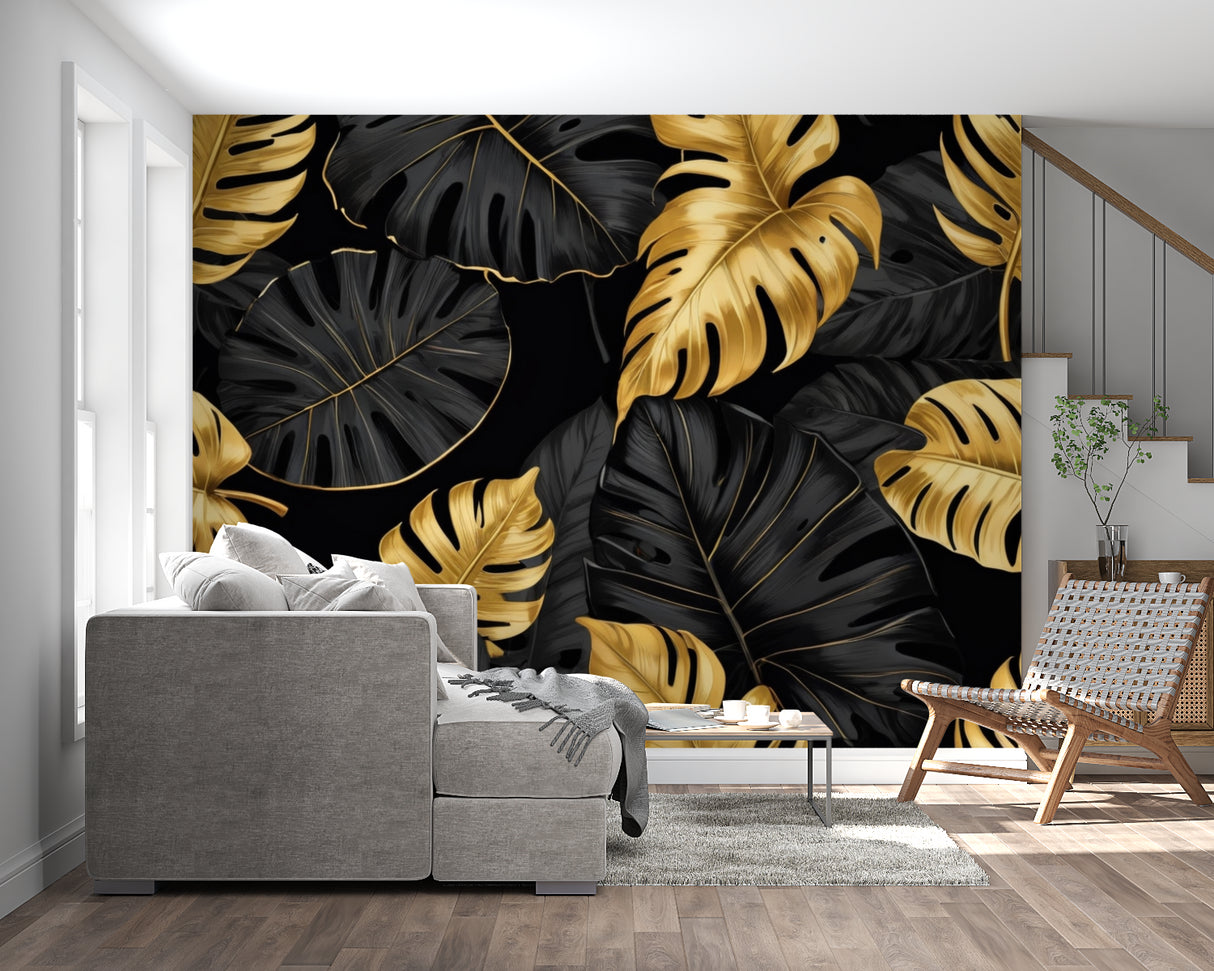 Gold monstera pattern on black background transforming a home office space