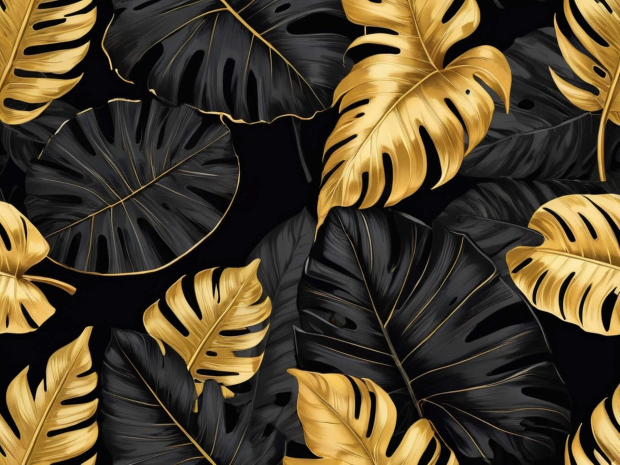 Black and gold monstera leaf wallpaper design file showing intricate pattern details
