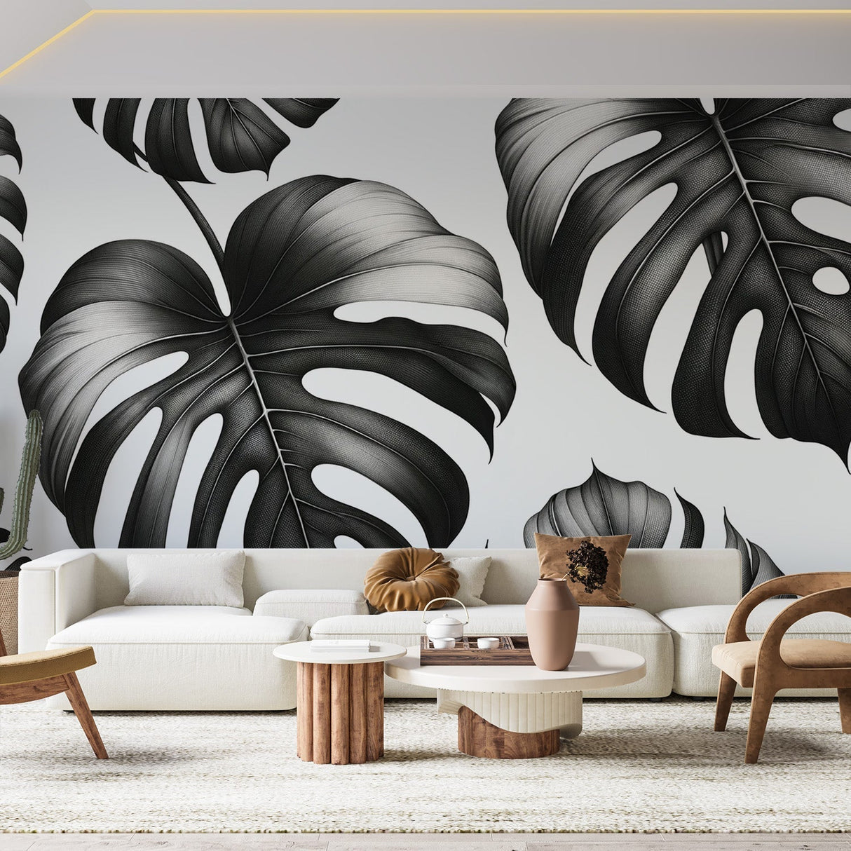 Modern dining room with Black and White Monstera Leaf Wallpaper creating dramatic contrast against minimalist furniture