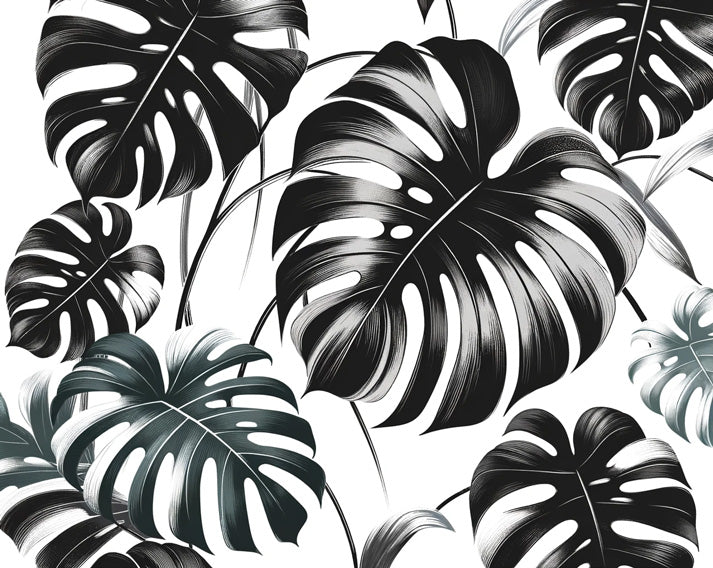 Black and white Monstera leaf wallpaper design file showing intricate botanical pattern