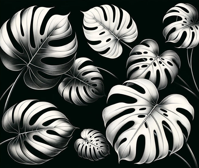 Black and White Monstera Leaf Wallpaper design file showing detailed tropical pattern