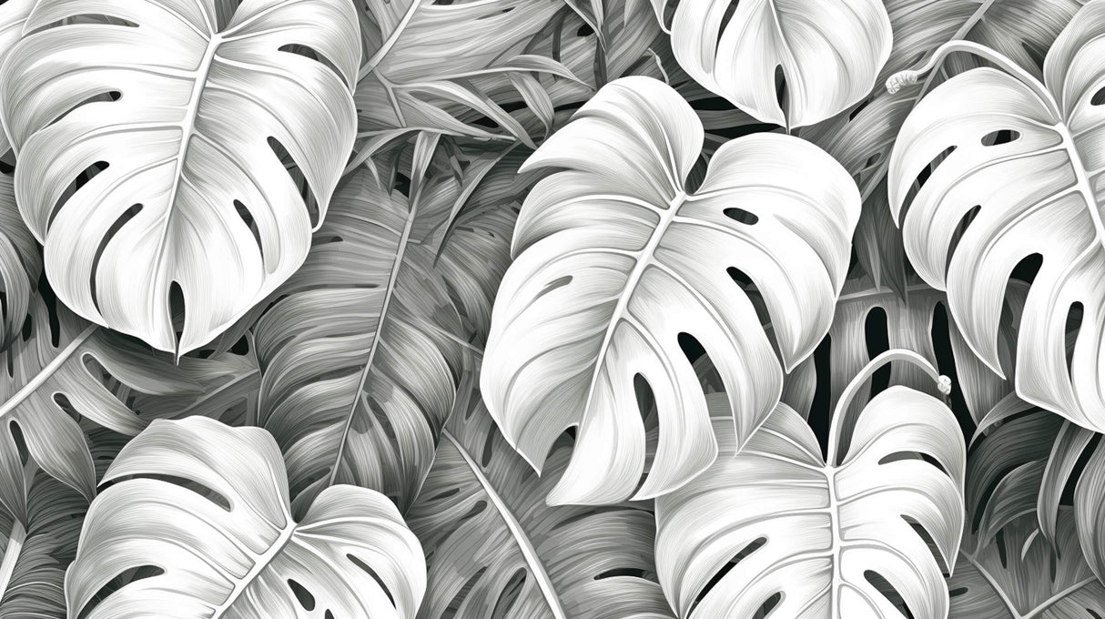 Design file showing detailed Monstera leaf pattern in striking black and white contrast
