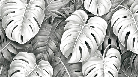 Design file showing detailed Monstera leaf pattern in striking black and white contrast