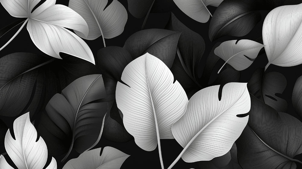 Black and white Monstera leaf wallpaper design file showing detailed tropical pattern