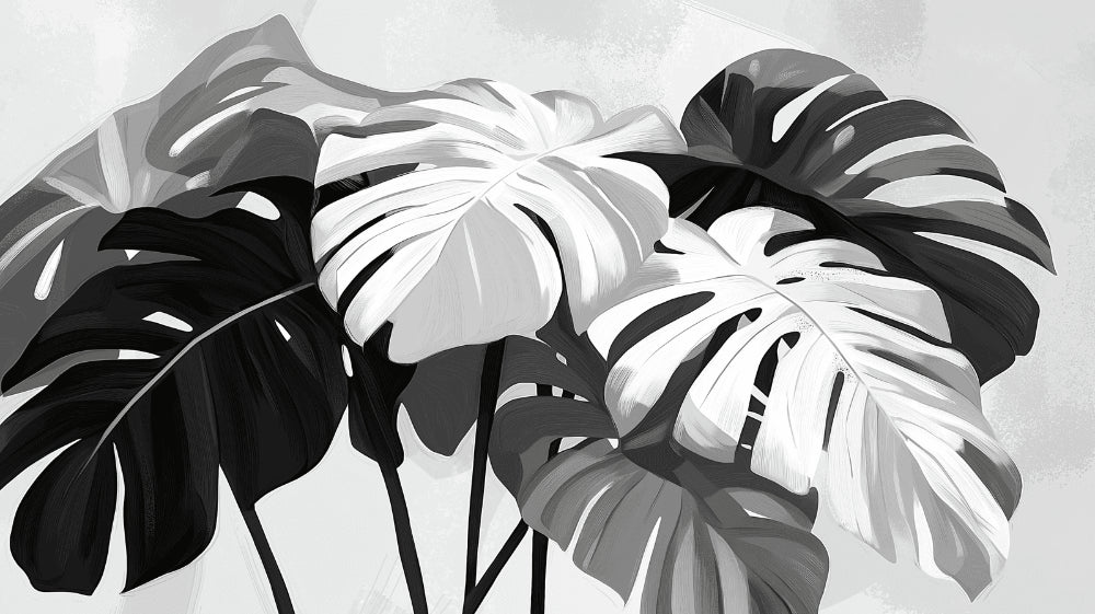 Black and white Monstera leaf wallpaper design file showing detailed tropical pattern and rich contrasts