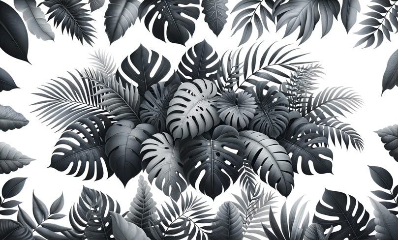 Black and white Monstera leaf wallpaper design file showing detailed tropical pattern