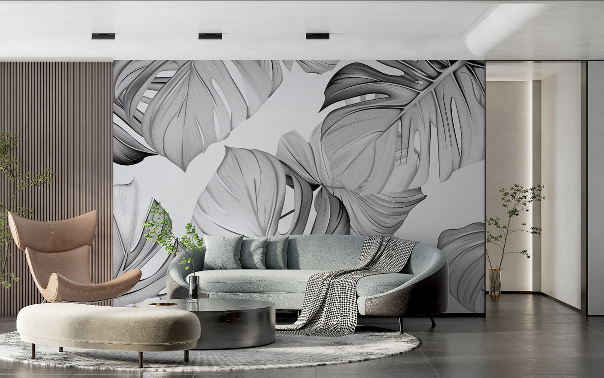 Monstera leaf pattern adding depth to a modern dining room wall