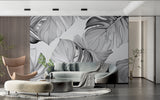 Monstera leaf pattern adding depth to a modern dining room wall
