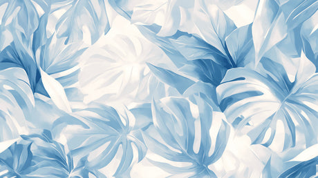 Tropical blue and white Monstera wallpaper in a bright master bedroom