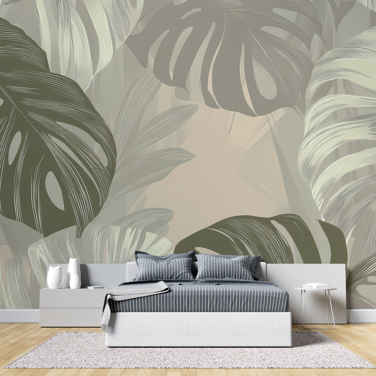 Monstera leaf wallpaper creating a fresh vibe in a modern living room with white furniture