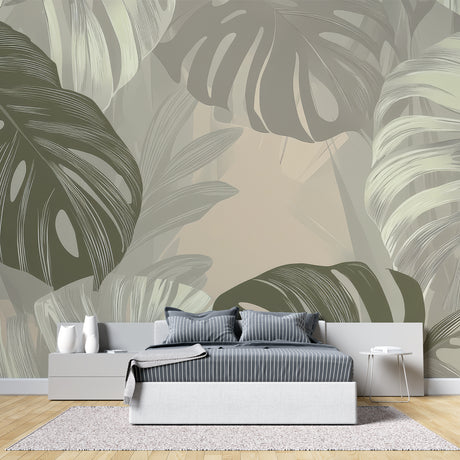 Monstera leaf wallpaper creating a fresh vibe in a modern living room with white furniture