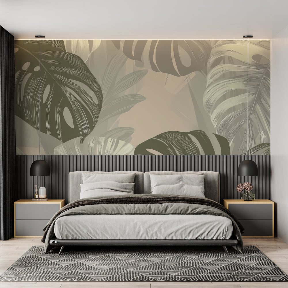 Tropical monstera wallpaper adorning a bright bedroom wall behind a minimal bed setup