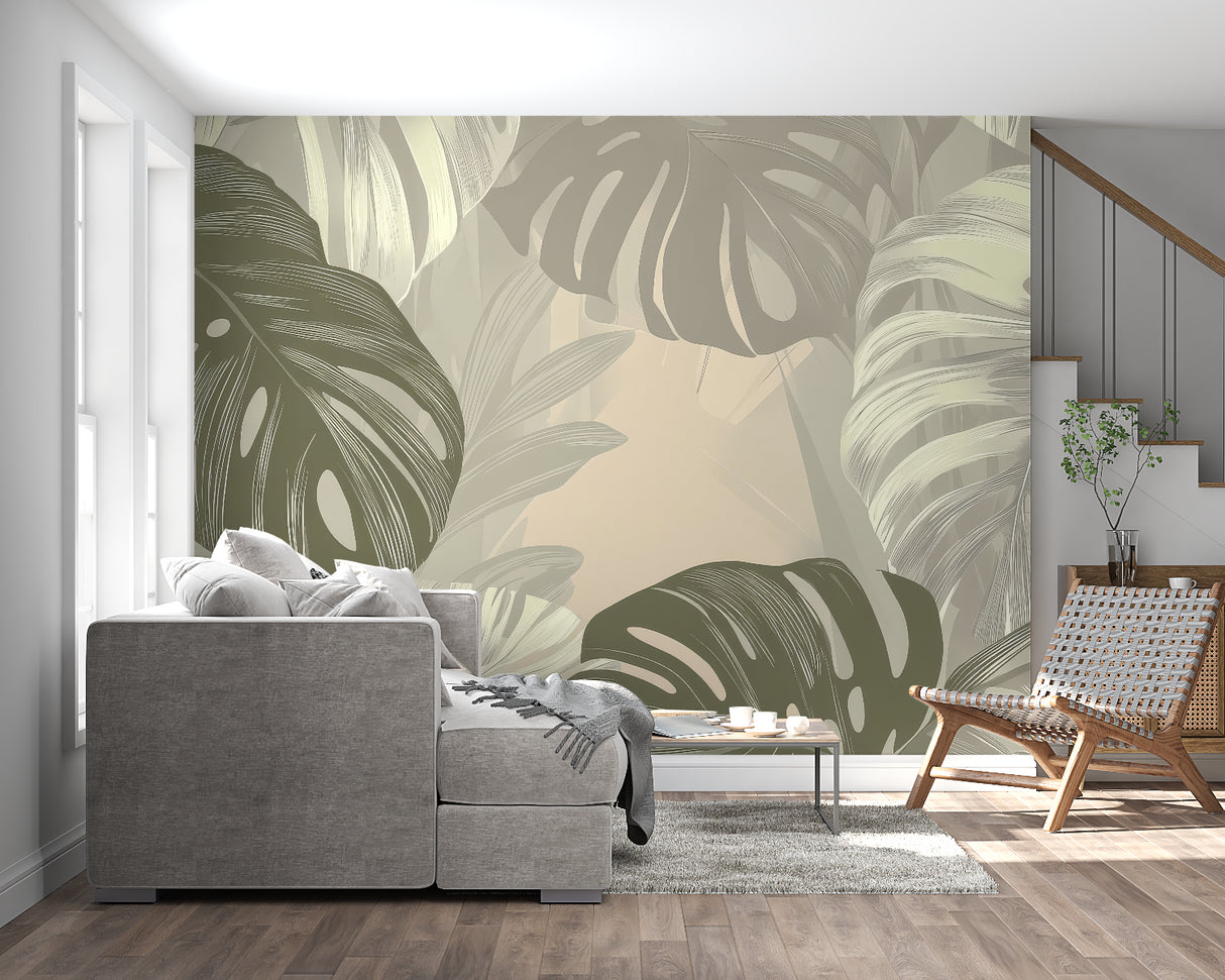 Botanical wall mural with monstera leaves in a home office setting with natural light